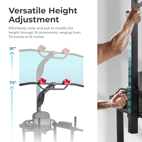 Sunny Health & Fitness Power Tower, Dip Bar, Push-Up & Pull Up Assisting Parallette Station w Optional Rock Climbing Grip Trainer