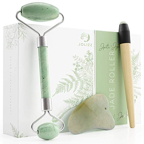 Jolizz Jade Roller Set - 3 in 1 Kit With Gua Sha & BONUS Under Eye Massager | Relaxing and Slimming Face Roller | 100% Real Natural Jade Stone | Anti-Aging Skincare Kit | Reduce Wrinkles
