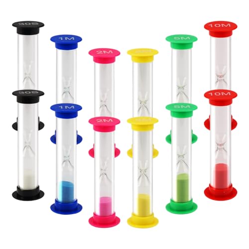 12 Piezas Reloj de Arena Niños, Relojes de Arena 30 Segundos, 1 Minuto, 2 Minutos, 3 Minutos, 5 Minutos, 10 Minutos, Colores Temporizador para Limpiar Los Dientes, Escuela,Cocina,Decoración del Hogar