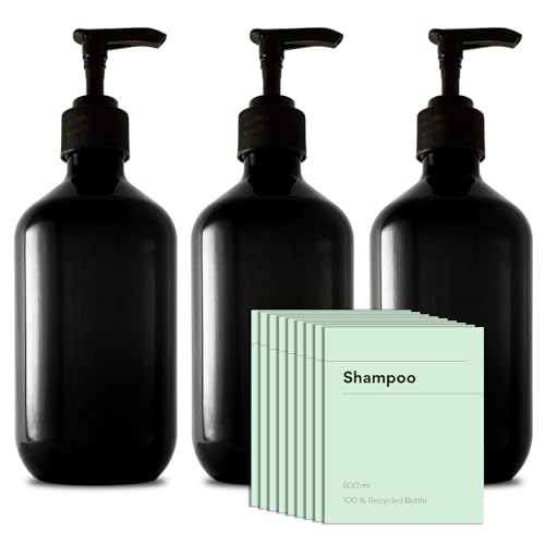 Recycled Plastic Pump Bottle Dispenser 3 x 500ml, Bathroom Bottles with Labels, Empty Refillable Shampoo and Conditioner Dispenser Bottle with Pump for Liquid Hand Soap, Shower Gel, Body Wash, Lotion