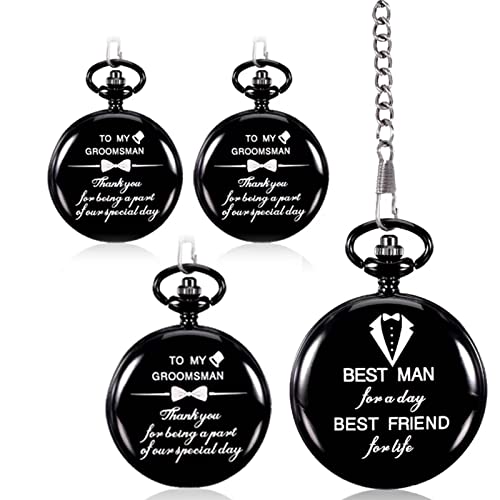 Yewkit 4 Pcs Groomsman Gifts for Wedding Groomsmen Engraved Pocket Watch Best Man Proposal Gifts Roman Numerals Quartz Pocket Watch Wedding Gifts with Chain for Groomsman Best Man