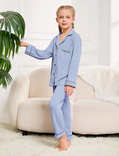 3 Pcs Kids Pajamas Sets Long Sleeve Girls Ribbed Knit Button Down Sleepwear with Eye Mask3