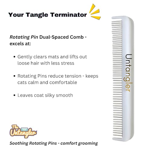 Image of Cat Comb - 7 inch Dual-Spaced with Silky Smooth Rotating Teeth (White Sheen), Stainless Steel, for Cat Hair and Fur