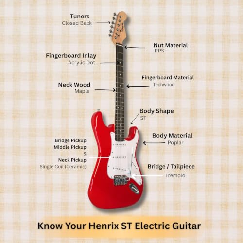 Image of Henrix ST- 6 String Strat Style Maple Wood Electric Guitar With Gig-Bag, Tuner, Cable, Polishing Cloth, Strap, Picks & E-Book - Red