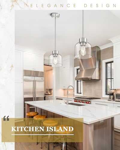 Image of 2-Pack Brushed Nickel Kitchen Pendant Lights, 7 inch Clear Glass Shade
