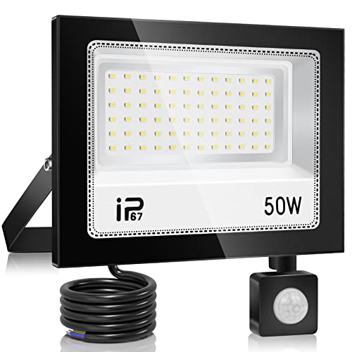 YZYFACAI Foco Led Exterior 50W con Sensor Movimiento,Iluminación de Exterior Seguridad,7000K Blanco Frío,Proyector LED Exterior,IP67 Impermeable 5000LM,para Patio,Garaje,Entrada,Fábrica,Campo