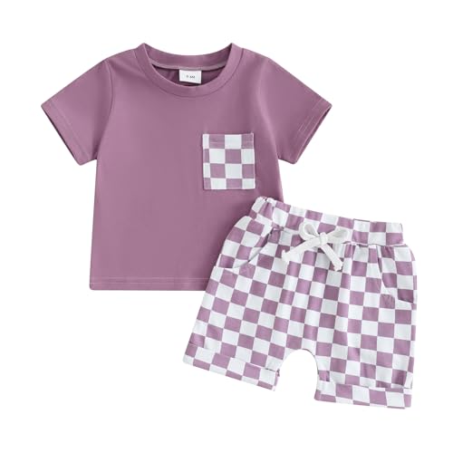 Image of Karuedoo Baby Boy Girl Summer Outfits Checkered Plaid Short Sleeve T-Shirt Top Shorts Set Trendy Toddler Checkerboard Outfit