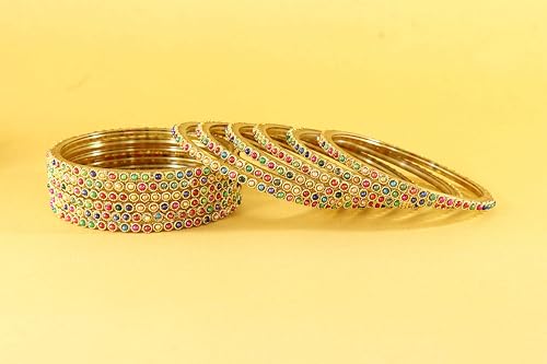 Image of NMII Glass Golden Beads & Pearls Moti Work Designer Bangles Set For Women & Girls | Kanch ki Chudi Set | Girl's Bangles Bracelet | Glass Bangles | Daily, Wedding, Party, Fashion Jewellery- Set of 12