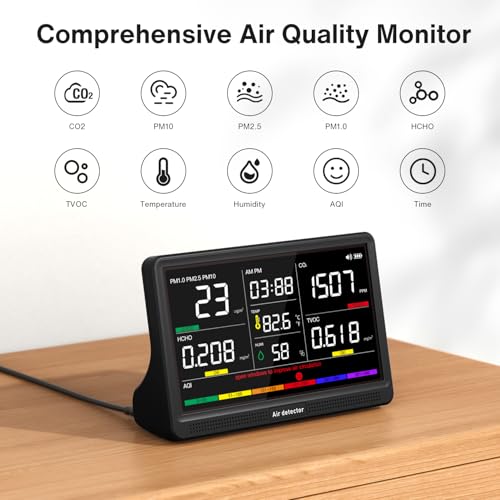 Image of 16 in 1 Air Quality Monitor Indoor 7 inch Wildfire CO2 Monitor, 9 AQI+7 Alerts | 7 inch Large Display, Air Quality Tester for CO2, TVOC, PM2.5 PM1.0 PM10, HCHO Temperature Humidity AQI &Time Air Meter for Home