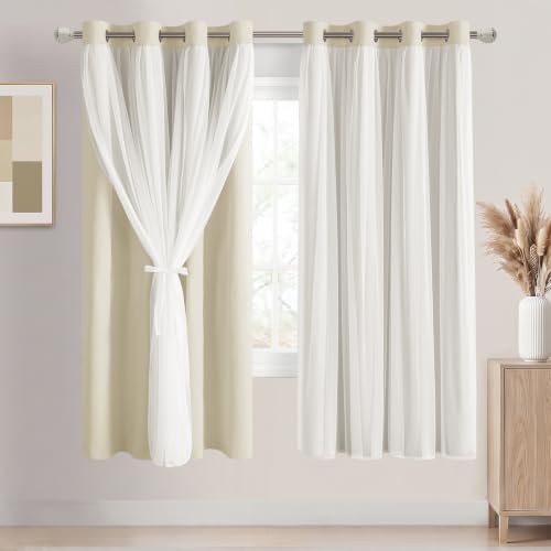 Image of DWCN Blackout Curtains with Sheer Overlay 63 Inch Long, Light Beige, 2PCS | Mix & Match Double Layer Window Panels for Bedroom Living Room Drape, Grommet Top, 52 inch Wx63 inch L