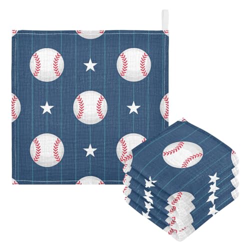 Image of YETTASBIN Baseball Muslin Baby Hand Washcloths, Soft Cotton Bath Face Towel, 4 Layers Extra Absorbent Feeding Burp Cloth for Newborn Infant, 5 Pack