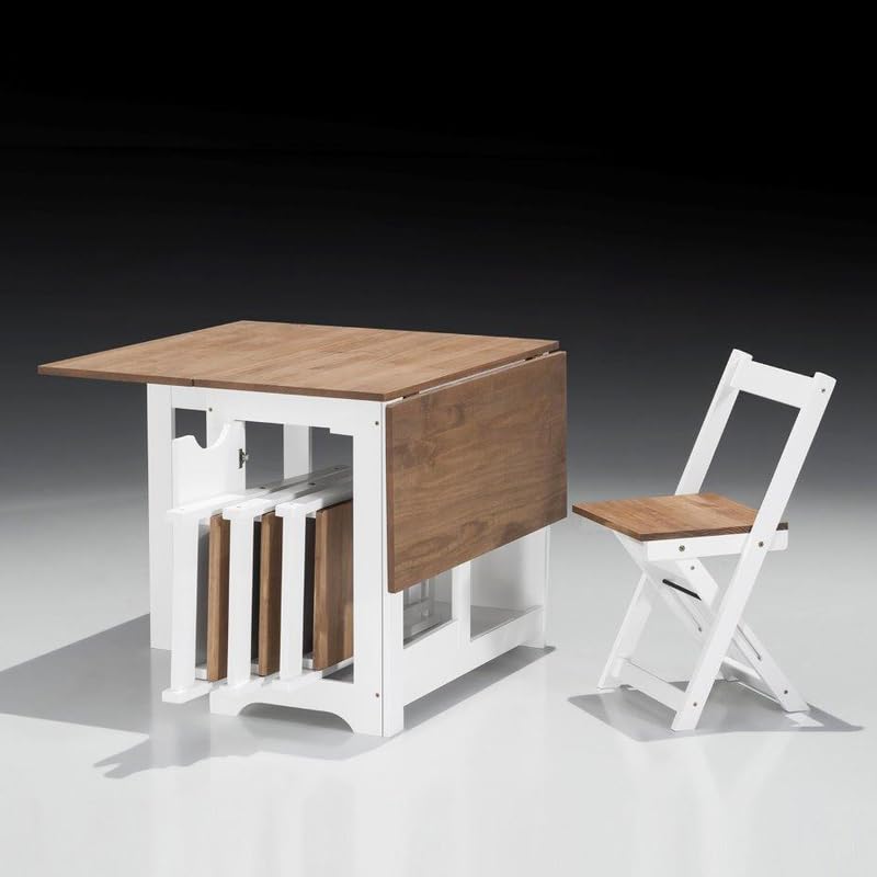 Buyqualia Set de Mesa Plegable con Tapa Color safir y Patas Blancas + 4 sillas Plegables – con alas abatibles y Espacio de almacenaje para Las sillas - 115x95x76 cm