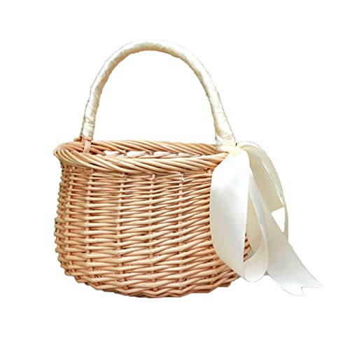 LPAYOK Wicker Rattan Flower Basket, Wedding Flower Girl Baskets, Willow Basket w/Handle and Ribbon Bow, Woven Easter Eggs Candy Basket Picnic Basket for Home Decor, Beige, 1pcs