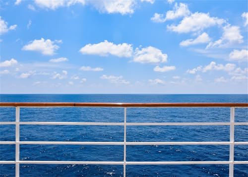 SADFA Cruise Ship Railing Backdrop 8x6ft Blue Ocean Sky Background Sea Water White Clouds Nautical Theme Summer Vacation Travel Party Decorations Photo Booth Props