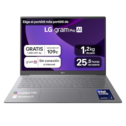 LG gram Pro 16Z90TS-G.AU99BN - Ordenador Portátil Ultraligero de 16' Intel Core Ultra 9 288V, 32 GB RAM, 1 TB SSD, IPS Antirreflejo, 1239g, 25.5h, Windows 11, Teclado QWERTY Español, Gris metalico
