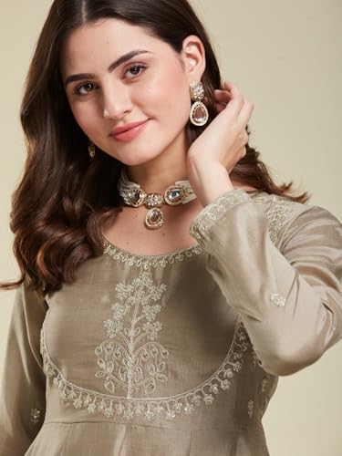 Image of MOKOSH Women's Silk Embroidery Anakrali Kurta Pant with Dupatta | Anarkali Kurta Set | Round Neck Full Sleeve Ethnic Suit | Floral Kurta 7 Colour Option Available | 3 Piece Outfit