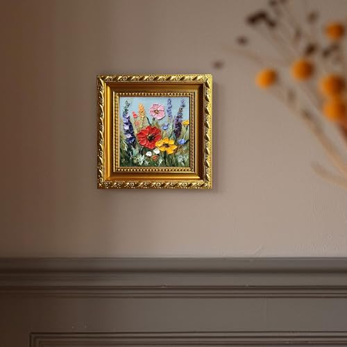 Hand-Painted Floral Oil Painting on Canvas, Textured Mini Wall Art with Frame, Small Framed Wall Art, Oil Painting Wall Art for Home Decor, Living Room or Office (Glod) - Image 4