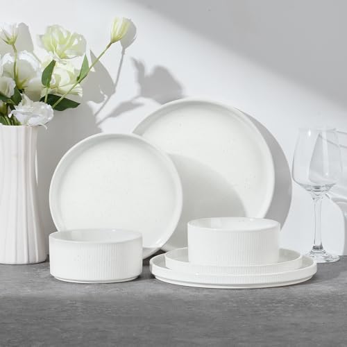 Image of E-far Stoneware Dinnerware Sets for 2, 6-Piece Plates and Bowls Sets, Chip & Scratch Resistant Ribbed Dish Set for Home Restaurant, Microwave & Dishwasher Safe, Speckled White