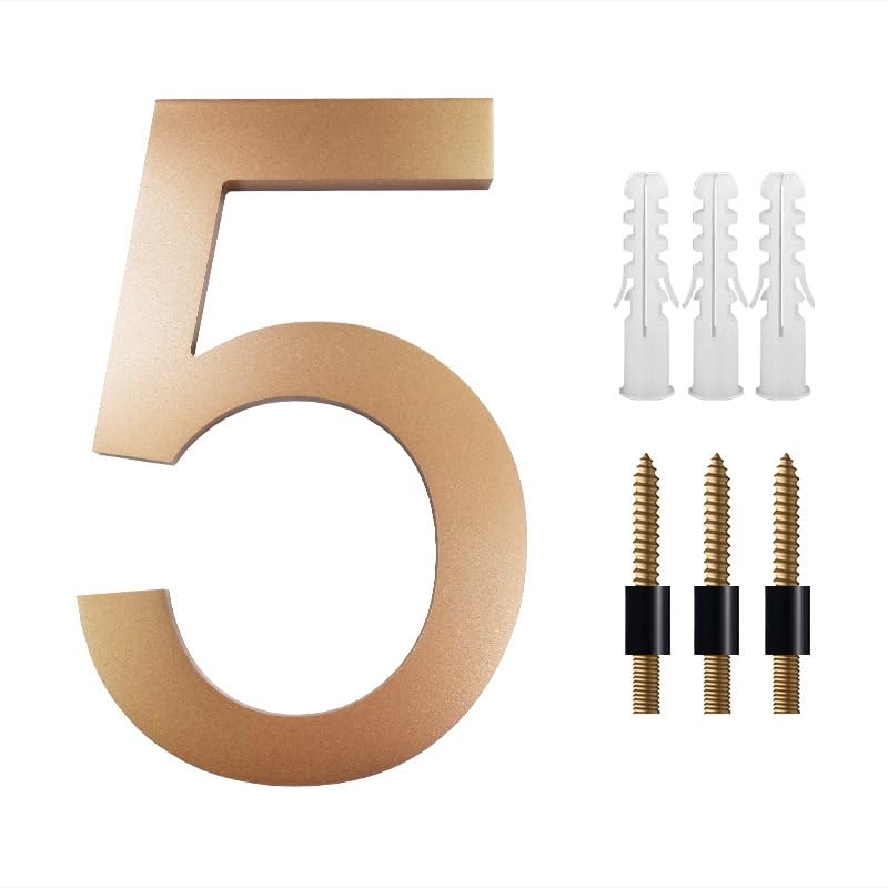 Hausnummer 8 Zoll große schwebende Hausnummern for draußen, 20 cm goldenes Adressschild, Hausnummern-Deko mit Nagel-Kits 0-9 ABCD Hausnummernschild(No.5)