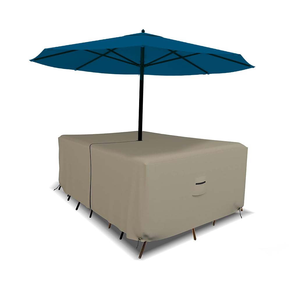 Covers & all Rectangle Table & Chair Set Cover, Umbrella Hole, 12 Oz Waterproof UV & Weather Resistant, Patio Lawn Garden Backyard Furniture, Air Vents & Drawstrings (108
