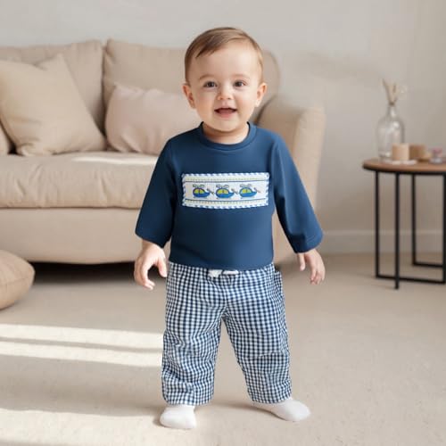 Toddler Baby Boy Fall Outfit Airplane/Boat Smocked Long Sleeve T-Shirt Tops Plaid Pants Set Pilot Planet Clothes2