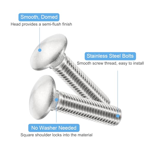 Image of uxcell 1 /2-13x2 Carriage Bolt, 6pcs Round Head Square Neck Screws, 304 Stainless Steel, Fully Threaded, Silver