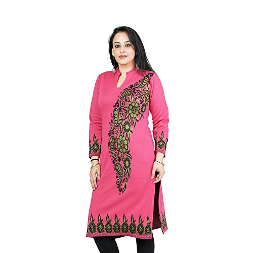 Image of Rosary Women's Winter Wear Jacquard Woolen Straight Kurti with 2 Side Pockets,Hotpink Kurti,XL