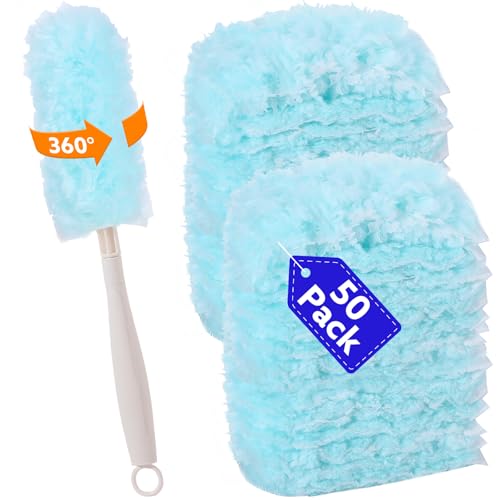 Image of wlich 50 PCS Disposable Dusters Refills Compatible with Swiffer, Blue Bulk Heavy Duty Duster,Multisurface 360 Degree Replacement Head for Dusting with 1 Handle