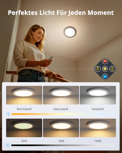 Combuh Akku Lampe mit Bewegungsmelder Deckenlampe Garage ohne Stromanschluss ohne Bohren, 85 Tage Laufzeit 6000 mAh LED Batteriebetriebene Deckenleuchte Aufladbare für Keller Flur Dusche Rund 1 Stück