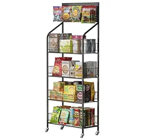 Nisorpa 4-Tier Retail Snack Display Rack, Metal Supermarket Candy Display Shelf Cart with Wheels Snack Fruits Organizer Holder Stand for Convenience Stores Home Kitchen 23.6x60.2x10.6 Inches,Black