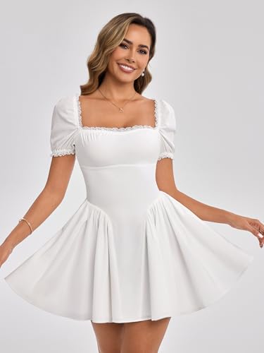 Image of Parthea Women's Floral Square Neck Mini Dress Lace Puff Sleeve Off Shoulder Smocked Flowy A Line Summer Dresses for 2026