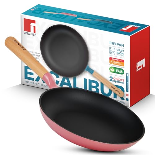 Image of BERGNER Excalibur Lightweight Cast Iron Frypan 18cm, Sturdy Wooden Handle, Non-Stick Coating, PFAS Free, Perfect Heat Distribution, Elegant Design - Induction and Gas Stove Ready (Pink)