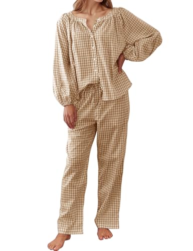 Flygo Womens Gingham Pajama Set 2 Piece Cotton Plaid Raglan Sleeve Button Top Straight Leg Pants Pjs Y2K Lounge Set Sleepwear