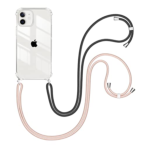 caslord Funda con Cuerda para iPhone 11 6.1'', Carcasa Trransparente TPU con Correa Colgante, 2 Ajustable Collar Correa de Cuellos, Negro+Rosa Dorado Cover