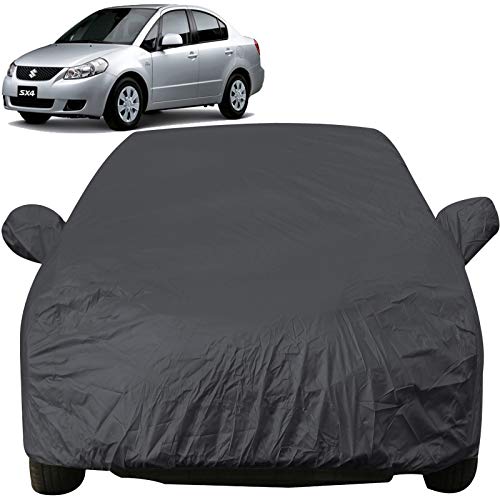 Image of Autofact Car Body Cover with Mirror Pockets Compatible for Maruti SX4 (Triple Stitched, Bottom Fully Elastic, Black Color)