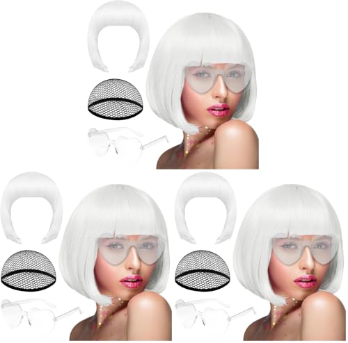 Image of PLULON White Bob Wig and Sunglass Set, Neon Short Bob Wig Sunglass Pack Costume Colorful Cosplay Wig Hairpieces for Bachelorette Neon Party Favors, Halloween Decorations (Pack of 3)