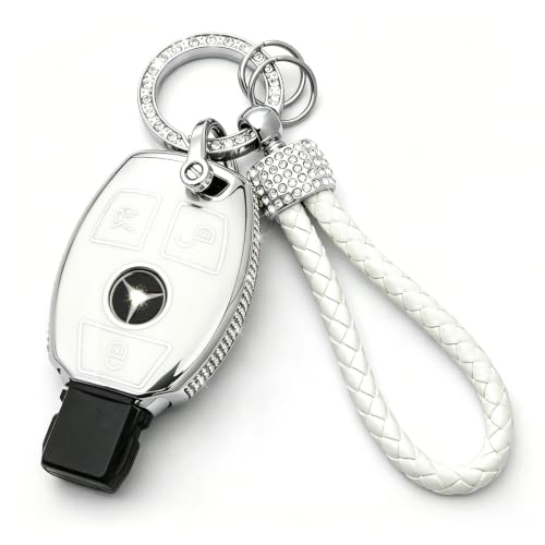 Image of Creativity for Mercedes Benz key cover and keychian (White Combination) | TPU key box with Rhinestones is compatible with CLS CLK AMG ML C CL E S SL SLK G GLC GLE GLS M R Smart Remote Key
