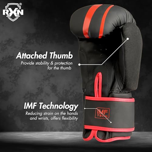 Image of RXN R1 Boxing Gloves with Microfiber Thumb, Premium, High-Performance & Durable for Men, Women & Kids, Training, Kickboxing, Taekwondo, MMA, Muay Thai & Martial Arts (Black /Red, 14oz)