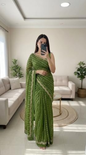 Image of RADHA Women's Embroidery Work Saree with Designer Border for Festive and Traditional Ethnic Drape Saree with Detailed Thread Style Pattern and Elegant Occasion Look