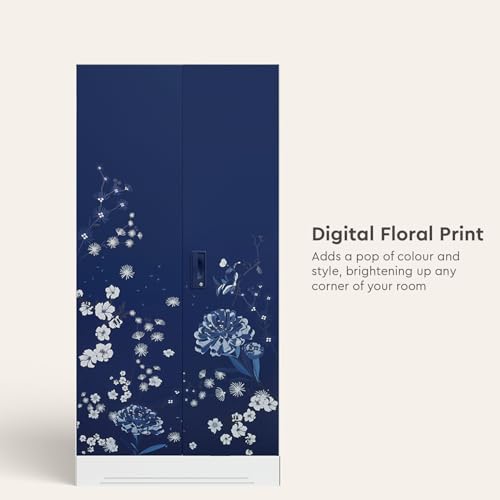 Image of Interio by Godrej Wardrobe Slimline 2 Door Steel Almirah (Digital Printed Midnight Blue and Matte Alpine White) Wardrobe for Clothes, 1 Year Warranty, Locker, 4 Shelves