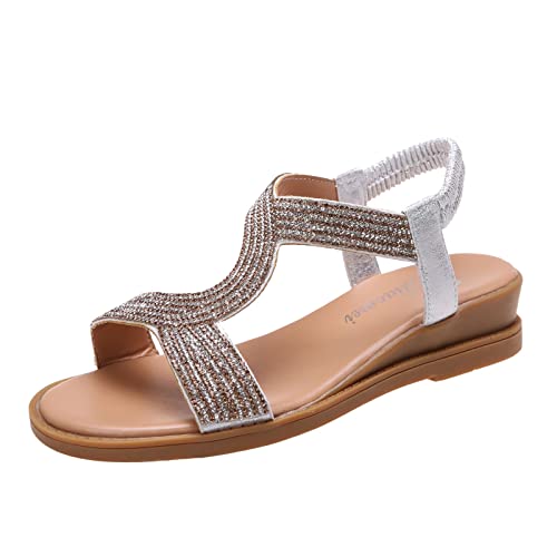 Uwdiohq Sandalias Transpirables Con Punta Abierta Para Playa Y Verano, Banda Elástica Antideslizante De Imitación Mujer Cuña Baratas (Silver, 40) Alpargatas Negra Viaje Zapatos Soporte Arco
