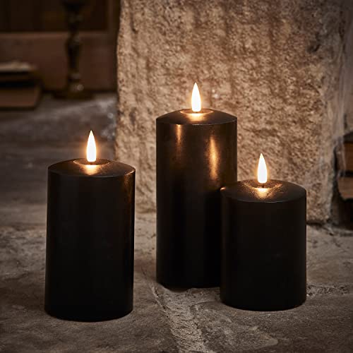 Lights4fun Set of 3 TruGlow® Battery Operated LED Flameless Pillar Candles with Timer Black Wax