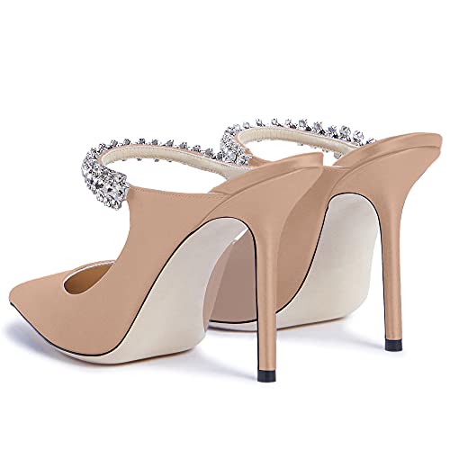 Jimishow Mule Heels Pointed Toe Heeled Mules For Women Strappy Satin Heels Nude Slip On Wedding Shoes Party Dress Sandals Rhinestone Closed Toe Stilettos Size 5-13 Us #TOP1