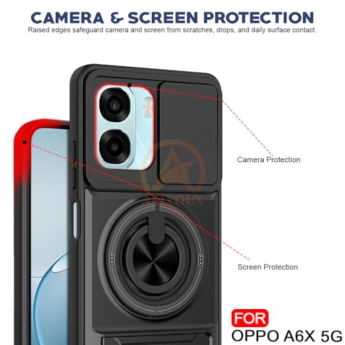 Image of Oppo A6X 5G / K14X 5G Back Cover | Armor Camera Slider 360 Degree Rotating Finger Ring Holder Case with Bracket Stand Back Case Cover (Compatible with MagSafe Accessories) (Black)