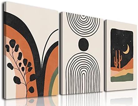 Boho Wall Art, Mid-Century Modern Wall Prints, Minimalist Framed Canvas Paintings Black Beige Orange Moon Plant Desert Geometric Neutral Abstract Artwork Pictures ,Boho Wall Decor Ready To Hang for Living Room, Bedroom, Bathroom, Office(12"x16"x 3)