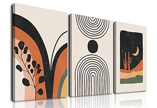 Boho Wall Art, Mid-Century Modern Wall Prints, Minimalist Framed Canvas Paintings Black Beige Orange Moon Plant Desert Geometric Neutral Abstract Artwork Pictures ,Boho Wall Decor Ready To Hang For Living Room, Bedroom, Bathroom, Office(12"X16"X 3) #TOP2