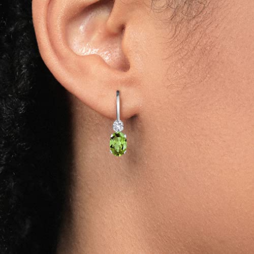 Gem Stone King 14K Yellow Gold Green Peridot and White Created Sapphire Leverback Earrings For Women | 1.08 Cttw | Gemstone August Birthstone | Oval 6X4MM, Round 2MM | 3/4 Inch2