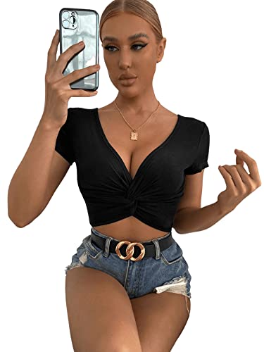 GORGLITTER Crop Tops Damen Kurzarm Tshirt Mit Twist Crop Top Mit Ausschnitt...