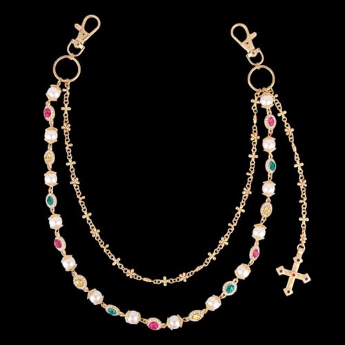 Pants Chain, Alloy Double Layer Pearl Wallet Chains with Crucifix Pendant Stylish Jeans Accessory Personalized Jewelry for Women Men Pocket Pants4