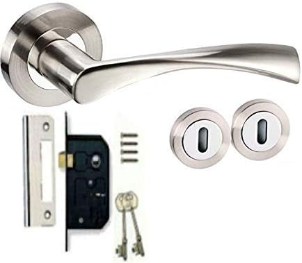 Astrid Design Modern Door Handle Lock Set in Duo Chrome Finish with 3 Lever Lock & 2 Keys
